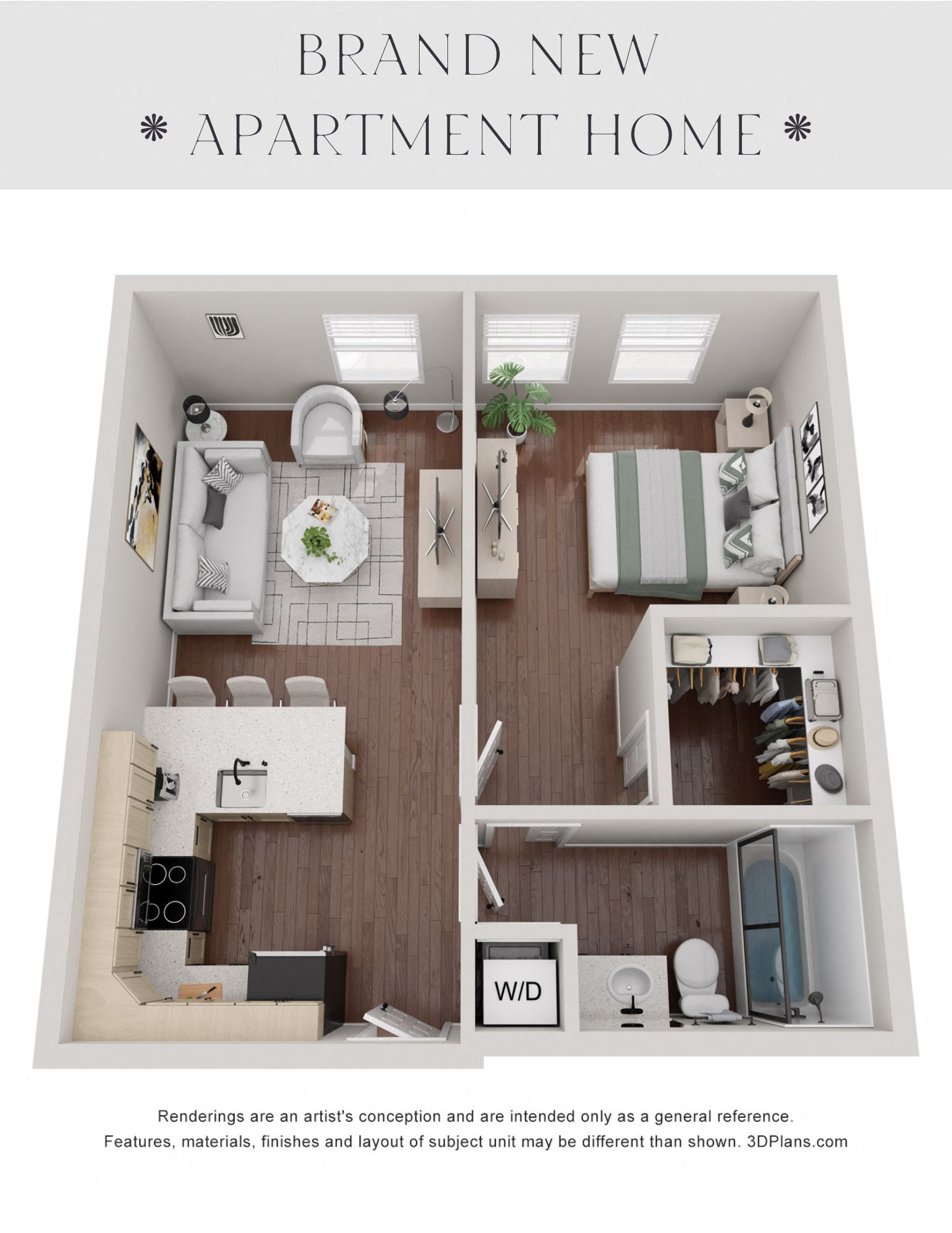 Floor plan for 1 bed, 1 bath, 626 sqft